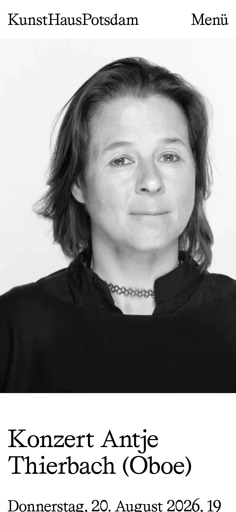Mobile version of the event page featuring a vertically stacked layout. The black and white portrait of Antje Thierbach dominates the top of the screen, followed by the event title and date in a large serif font. The navigation menu is condensed into a 'Menü' link in the top right corner.
