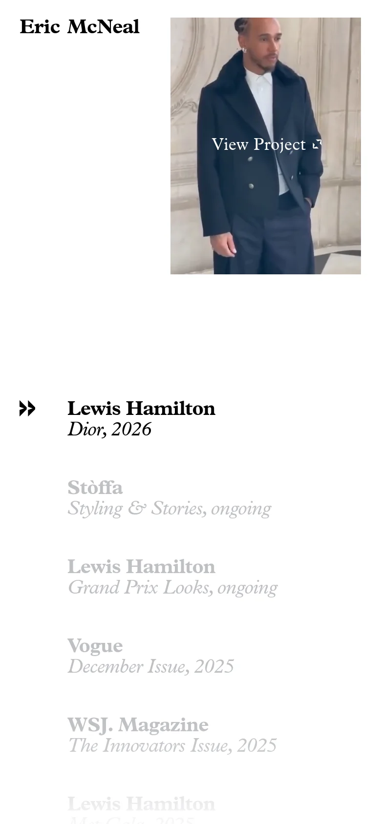 The mobile version maintains the minimalist aesthetic but shifts to a single-column vertical layout. The hero image of the man in the navy suit is centered at the top, followed by the name 'Eric McNeal' and the project list, which is stacked vertically for easier scrolling on a smaller screen.