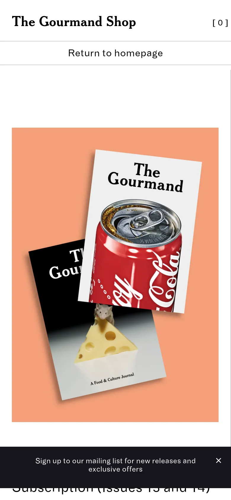 The mobile version presents a vertically stacked layout where the large magazine hero image appears first, followed by the product title and detailed text below. The navigation is simplified, and the 'Sold Out' button is positioned at the bottom of the product information section.