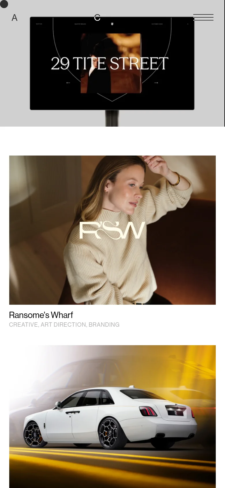 The mobile version maintains the dark theme but simplifies the layout for a vertical scroll. The navigation is condensed, and the portfolio projects are presented in a single-column stack, showing large project imagery followed by titles and service categories.