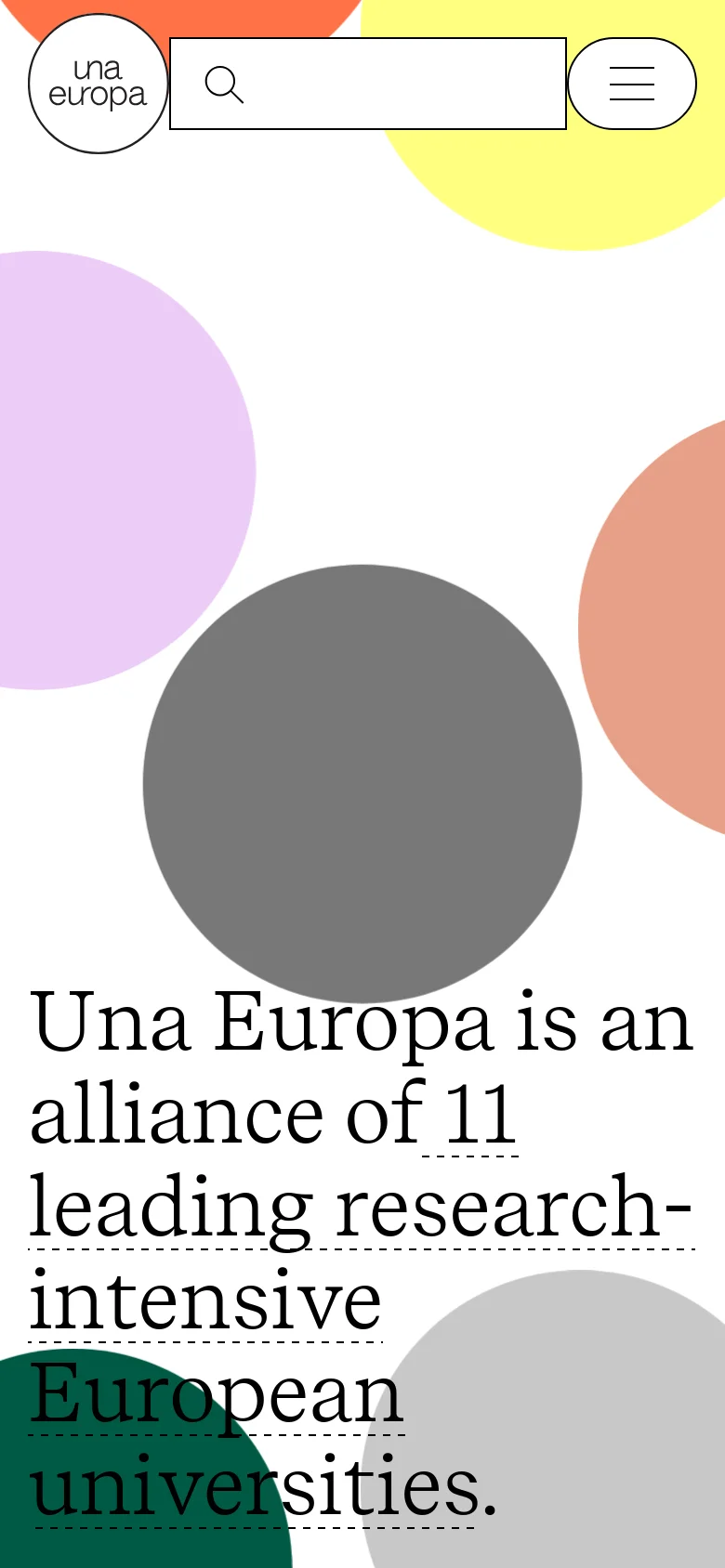 The mobile version presents a simplified layout with a large headline over colorful abstract circles. The top navigation is condensed into a circular logo on the left, a search icon, and a hamburger menu icon on the right.