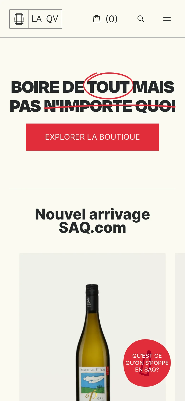 The mobile version presents a vertically stacked layout with the same bold black headline and red circle accent. The 'EXPLORER LA BOUTIQUE' button is centered and spans a significant width of the screen. The top navigation is condensed into a hamburger menu icon next to the brand name, with the shopping bag and search icons also visible.