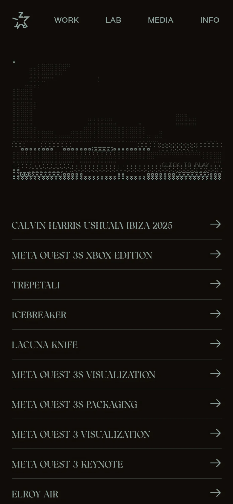 The mobile version maintains the dark, minimalist aesthetic but rearranges the layout for a vertical screen. The navigation links are centered below the logo, and the central generative art piece is scaled down. The project list follows below, spanning the full width of the screen with large, easy-to-tap text rows and arrow icons.
