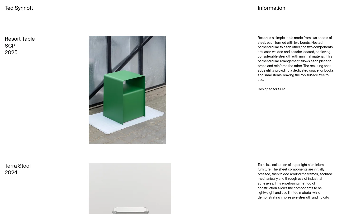 The desktop homepage for Ted Synnott features a minimalist white layout with a multi-column grid. The left column lists project names like 'Resort Table' and 'Terra Stool' with dates, the center displays large high-quality product photography, and the right column provides detailed project descriptions. Navigation links for 'Projects' and 'Information' are positioned at the top.