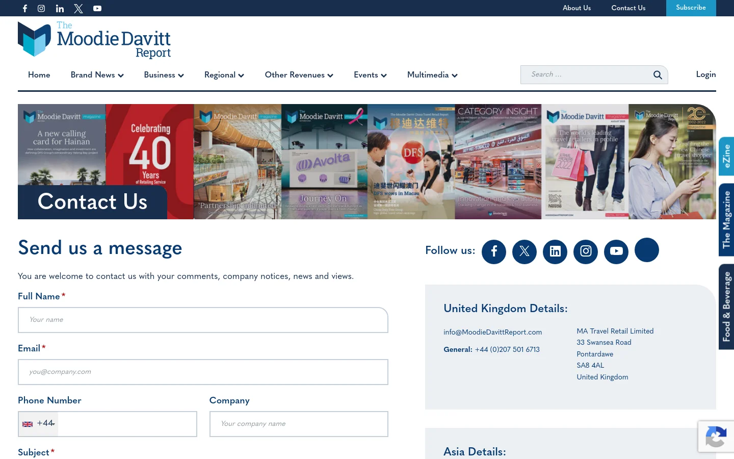The desktop Contact Us page features a white header with the Moodie Davitt Report logo, navigation menu, and search bar. A wide hero banner displays a collage of various magazine covers with a dark overlay labeled 'Contact Us'. Below, a 'Send us a message' section contains a contact form on the left and contact details for the United Kingdom on the right, set against a clean white background.