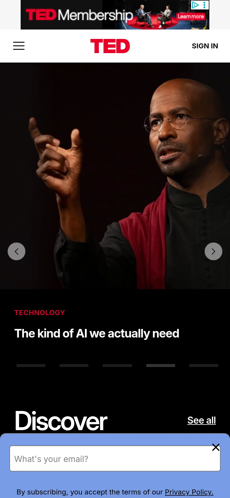 The mobile version presents a vertically stacked layout optimized for small screens. The hero section features a large, full-width image of a speaker with the headline 'The kind of AI we actually need' overlaid at the bottom. Navigation is condensed into a hamburger menu, and content is organized into single-column scrolling sections.