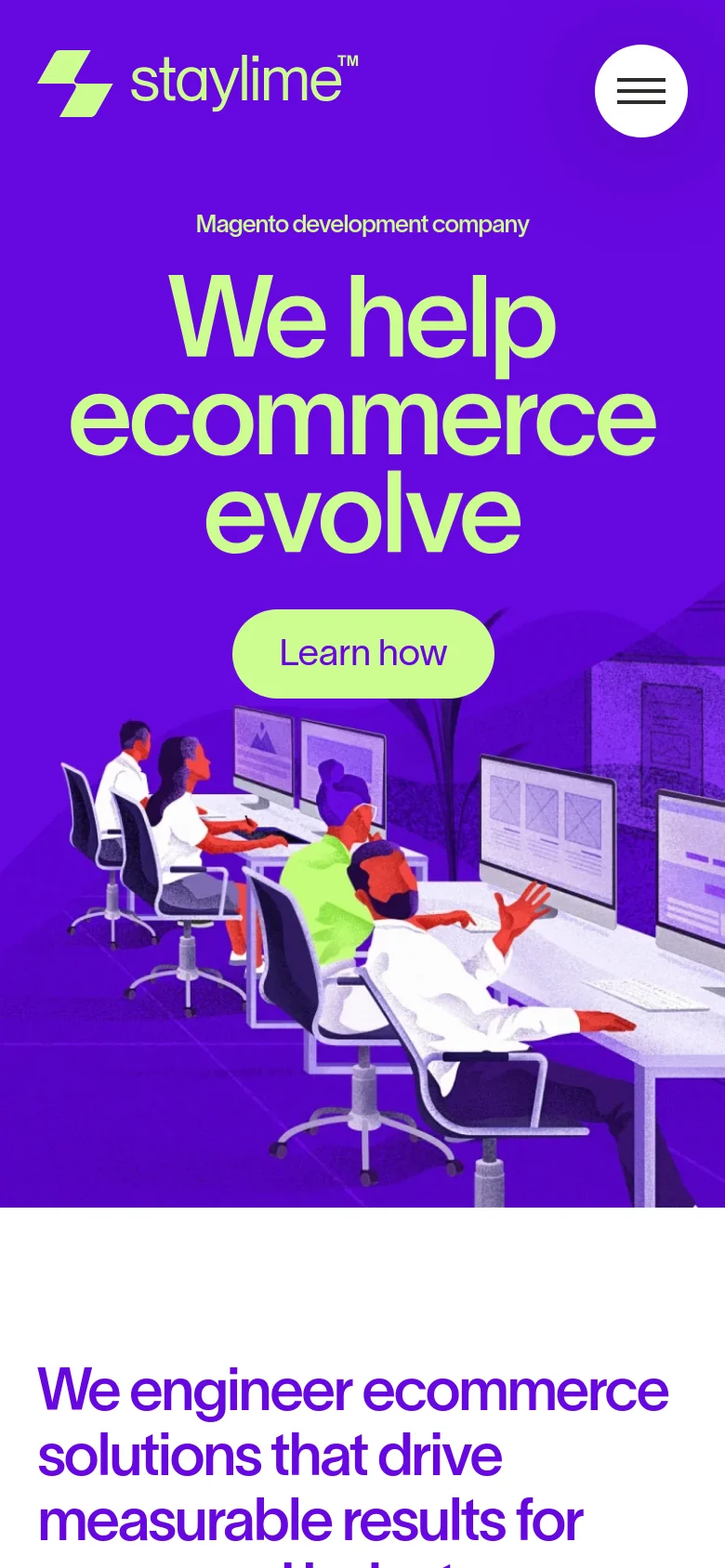 The mobile version maintains the purple and lime green color scheme but uses a stacked layout. The hero headline and 'Learn how' button are centered, and the top navigation is condensed into a hamburger menu icon. The illustration of the office workers is scaled down to fit the narrower viewport.
