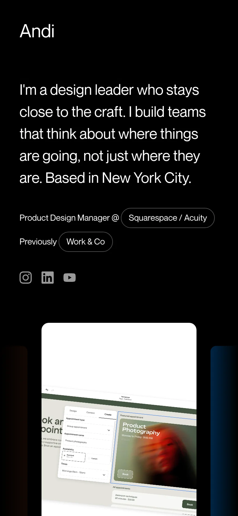 The mobile version features a vertically stacked layout with the large white headline and bio text at the top. Social media icons are centered below the text, followed by a single-column view of large project images that are scaled to fit the narrow screen width.