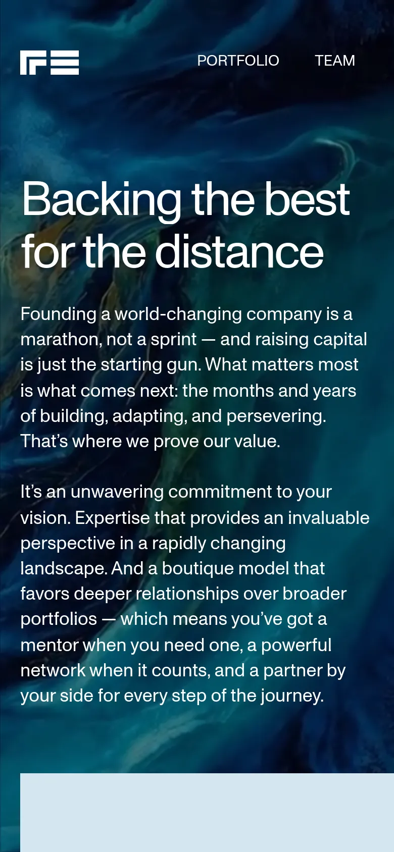 The mobile version maintains the abstract blue and gold textured background but uses a vertical layout. The headline 'Backing the best for the distance' is centered and enlarged, with the descriptive text flowing underneath it. The navigation links are repositioned to accommodate the narrower screen width.