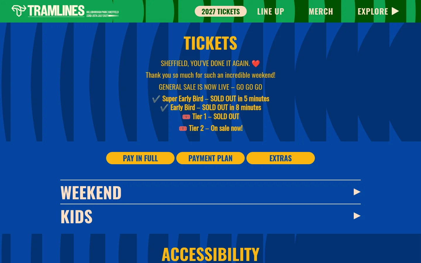 The desktop page features a blue background with dark blue wavy patterns and yellow text. A top navigation bar includes the Tramlines logo and links for 2027 Tickets, Line Up, Merch, and Explore. The hero section displays 'TICKETS' in large yellow font, followed by status updates on ticket tiers, and three yellow buttons for 'PAY IN FULL', 'PAYMENT PLAN', and 'EXTRAS'.