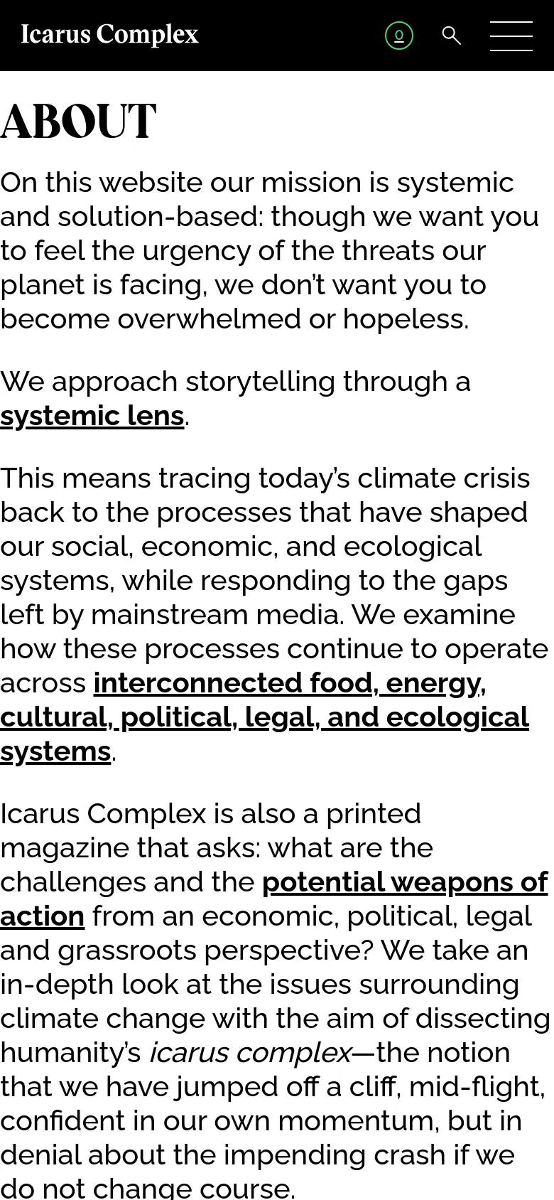 The mobile version maintains the black header and white content background but optimizes the layout for a narrow screen. The text is stacked vertically, and the large serif 'ABOUT' headline and body text are scaled to fit the portrait orientation, ensuring readability of the mission statement.