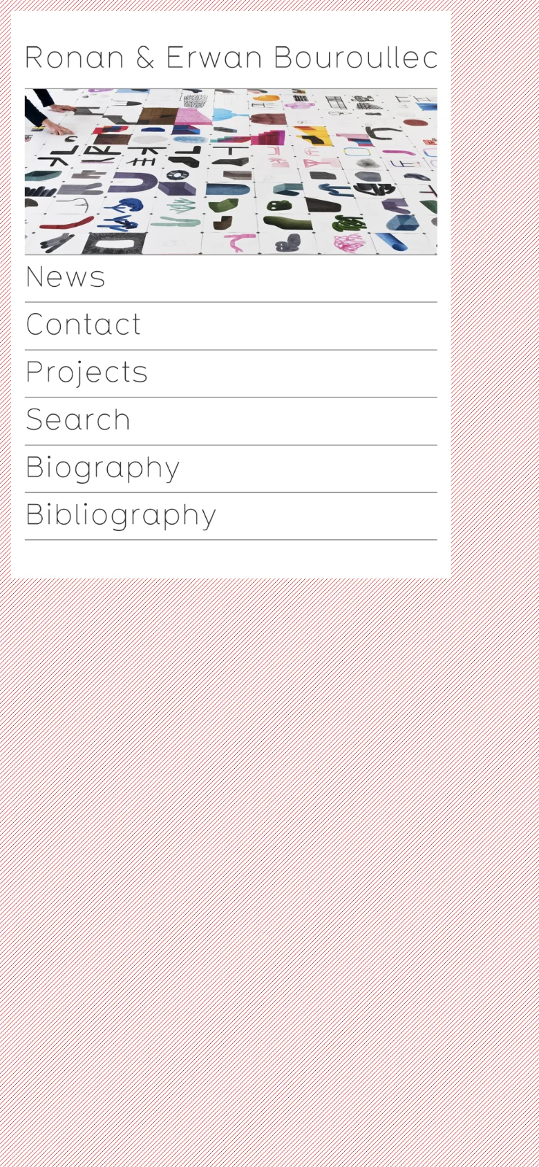 The mobile version presents a simplified, single-column view of the studio website. The design features the studio name at the top, followed by a wide hero image of a colorful grid pattern, and a vertical list of text-based navigation links on a white background against a pink striped backdrop.