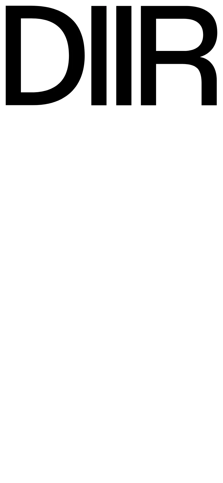 The mobile version maintains the minimalist white aesthetic but displays the 'DIIR' logo in a much larger, bold black font. The layout is vertically oriented to fit the narrow screen, focusing on high-contrast typography.