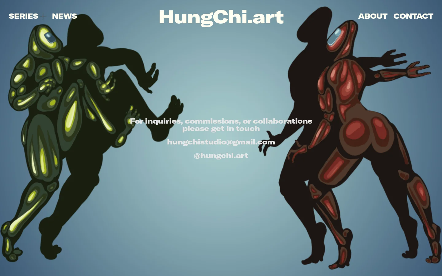 The desktop contact page features a light blue background with two large, stylized, muscular humanoid figures in dark tones with glowing yellow and red highlights. Centered text in white reads, 'For inquiries, commissions, or collaborations please get in touch,' followed by an email address and an Instagram handle. The top navigation bar includes 'SERIES + NEWS', 'HungChi.art', 'ABOUT', and 'CONTACT'.