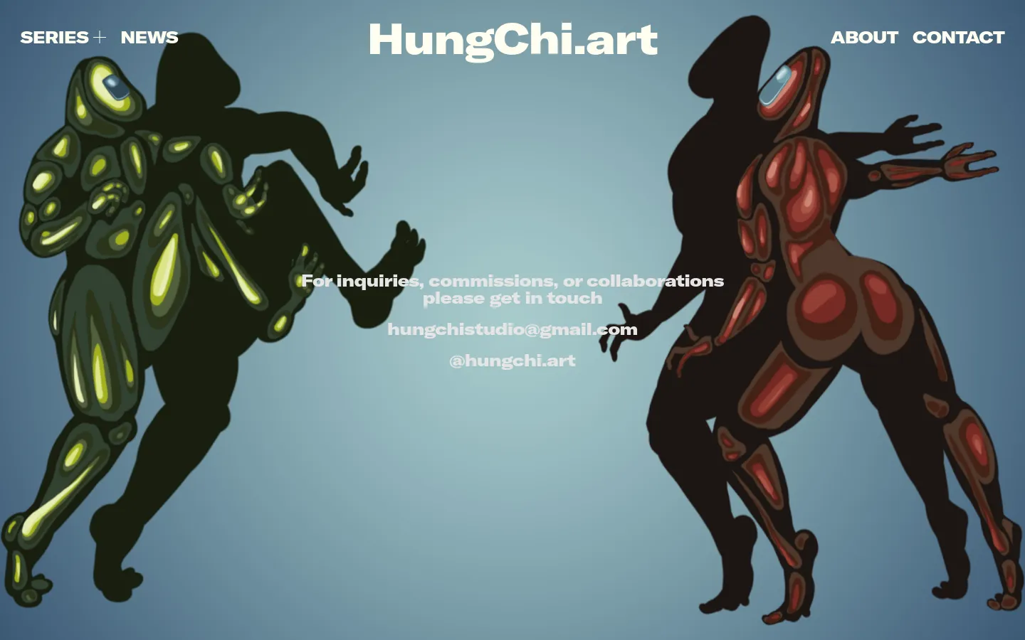 The desktop contact page features a light blue background with two large, stylized, muscular humanoid figures in dark tones with glowing yellow and red highlights. Centered text in white reads, 'For inquiries, commissions, or collaborations please get in touch,' followed by an email address and an Instagram handle. The top navigation bar includes 'SERIES + NEWS', 'HungChi.art', 'ABOUT', and 'CONTACT'.