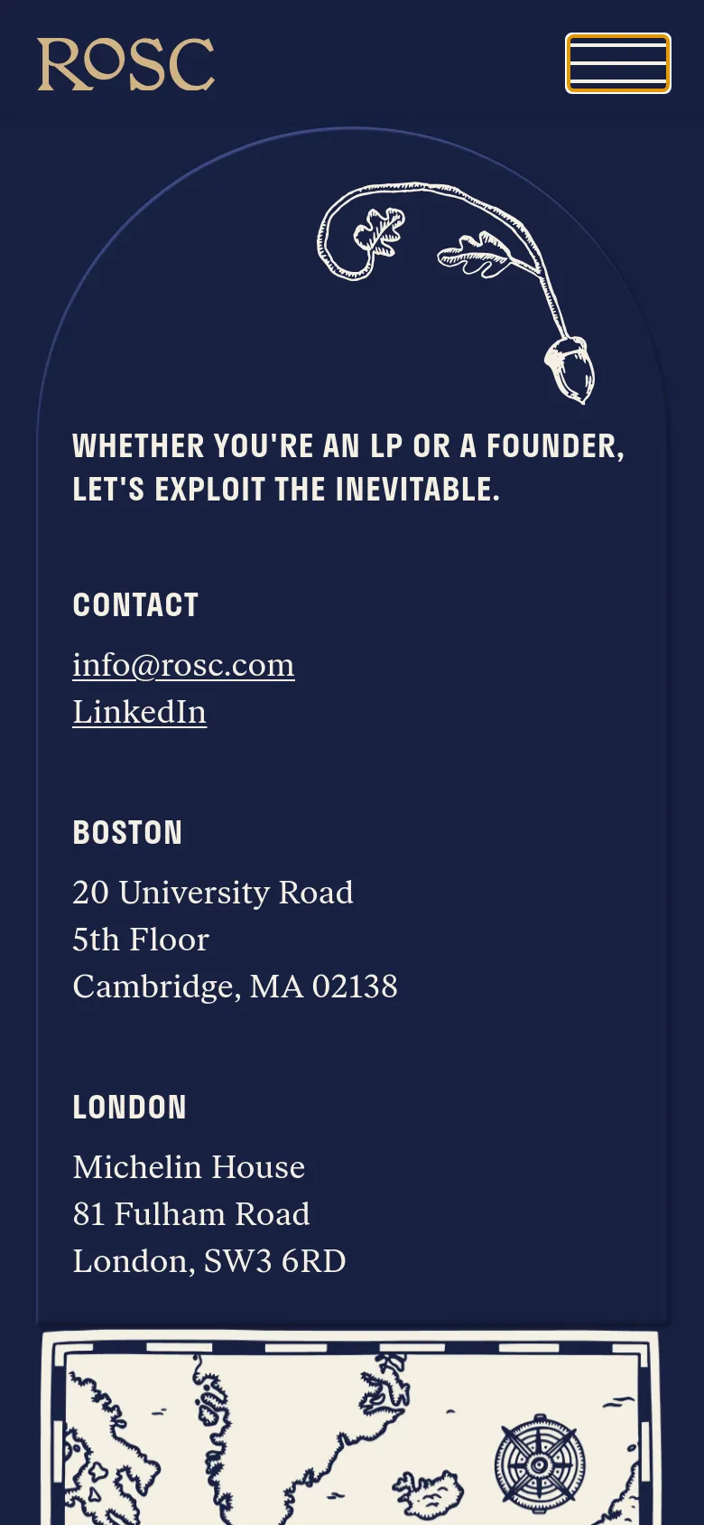 The mobile version uses a vertical layout with the stylized map illustration at the bottom. The contact information and headline are stacked centrally above the map, and the navigation is condensed into a hamburger menu icon in the top right.