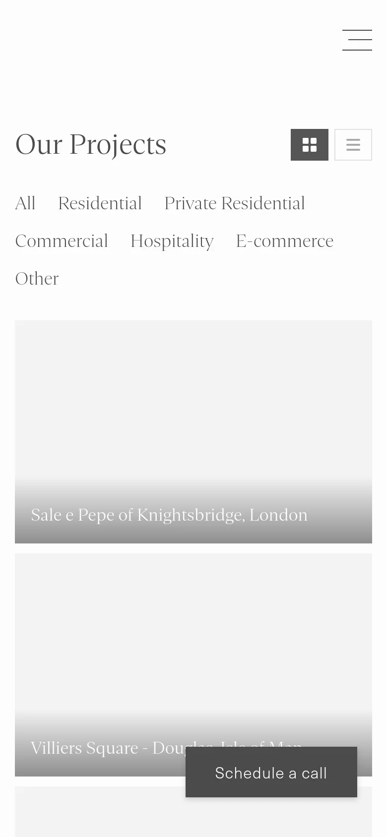 The mobile version displays a simplified layout with a hamburger menu icon in the top right and a single-column stack of large project image cards. The project category filters are arranged in a wrapping text list below the 'Our Projects' title, and the 'Schedule a call' button remains fixed at the bottom right.