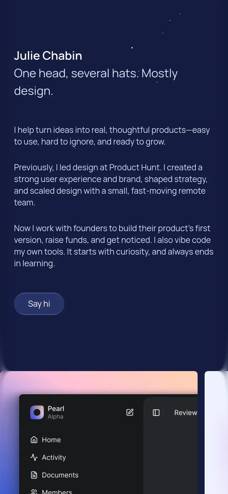 Mobile version of the homepage with a single-column layout on a dark navy background. The text content, including the headline and 'Say hi' call to action, is centered and stacked vertically above large, full-width product interface screenshots.