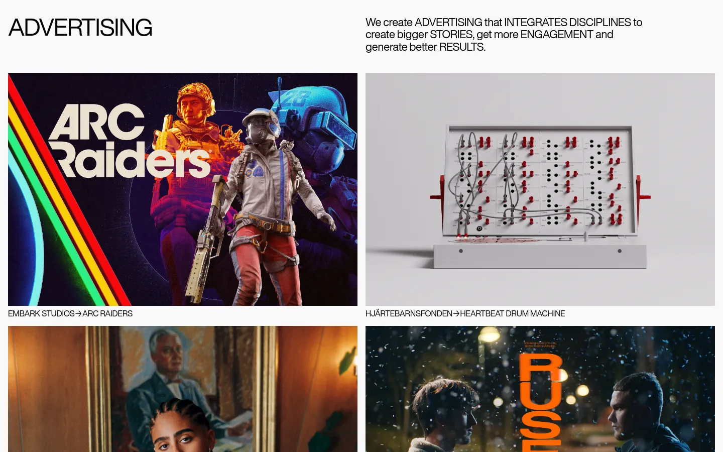 The Advertising page features a large headline and a descriptive subheadline on a white background. Below, a grid of large, colorful rectangular image tiles showcases various advertising case studies, each paired with a text link identifying the client and project name.