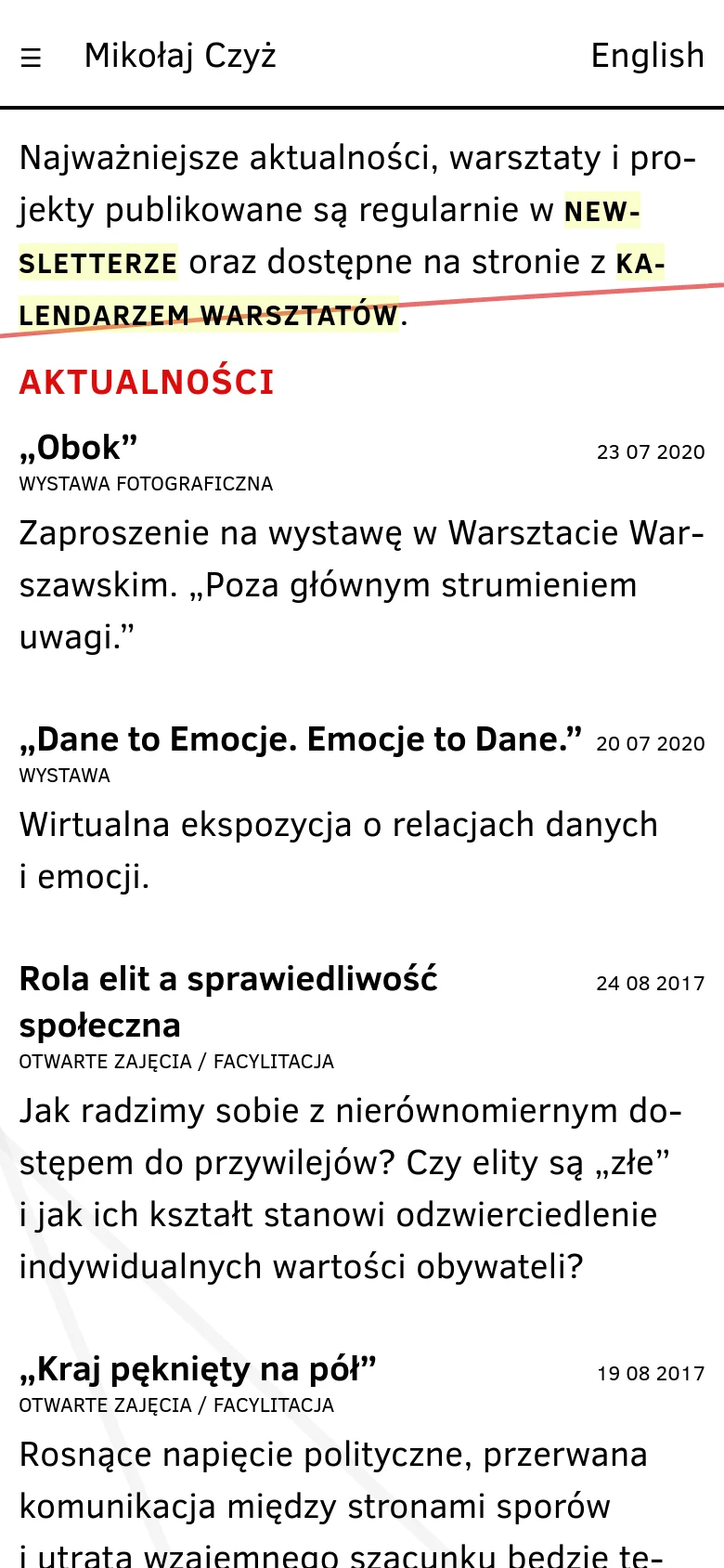 The mobile version presents a single-column vertical layout optimized for small screens. The header contains the name 'Mikołaj Czyż' and an 'English' language toggle, followed by a highlighted introductory text. News entries are stacked vertically, showing the date, title, category, and a brief summary for each event.