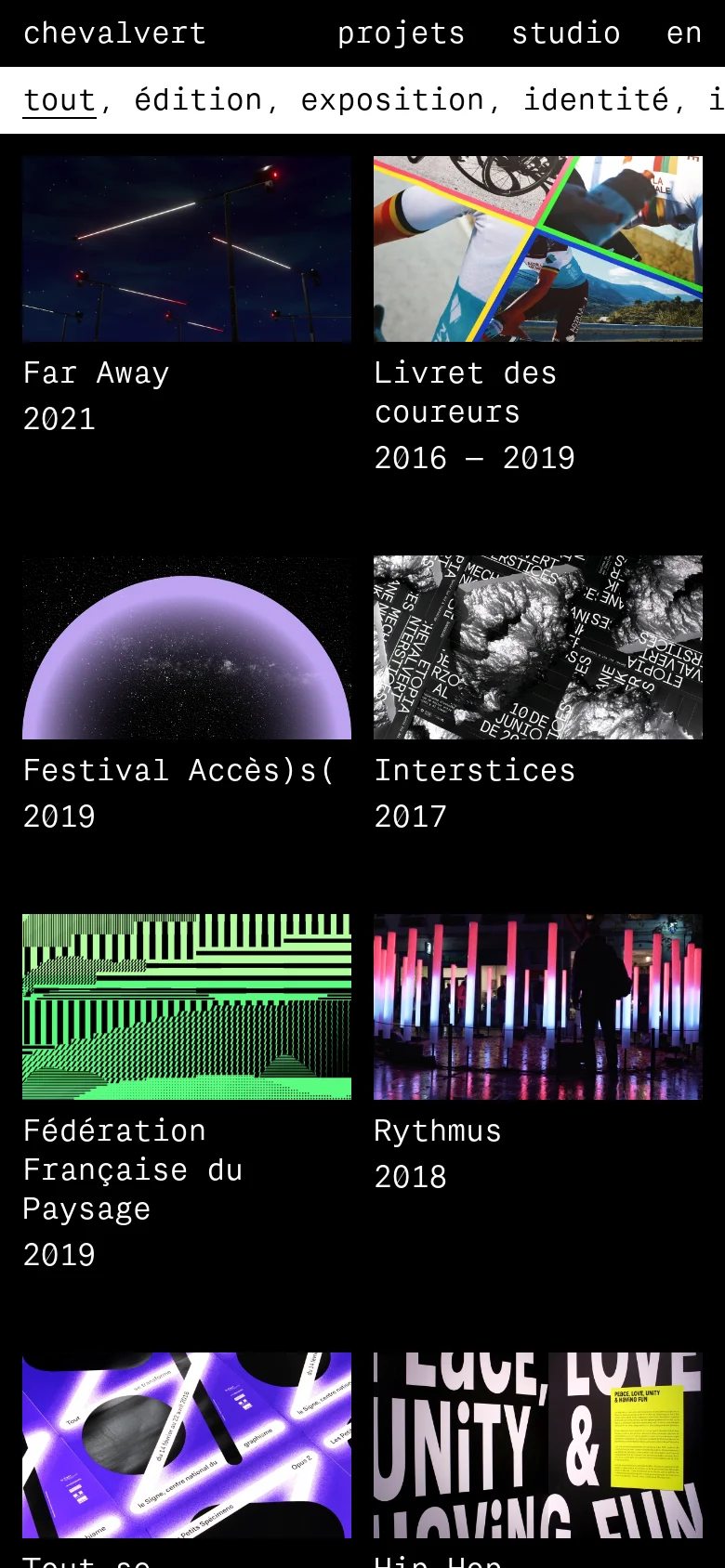 The mobile version presents a simplified vertical layout with the navigation menu and categories stacked at the top. The project grid shifts from four columns to two columns, making the images and text larger and easier to tap on a smaller screen.