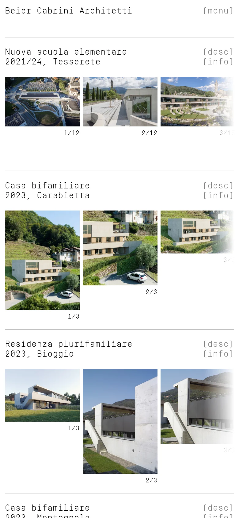 The mobile version maintains the minimalist aesthetic but uses a single-column layout to stack project images and text vertically for easier scrolling. The navigation is condensed into a menu button, and the large image galleries are scaled to fit the narrow screen width, emphasizing a clean, vertical flow.