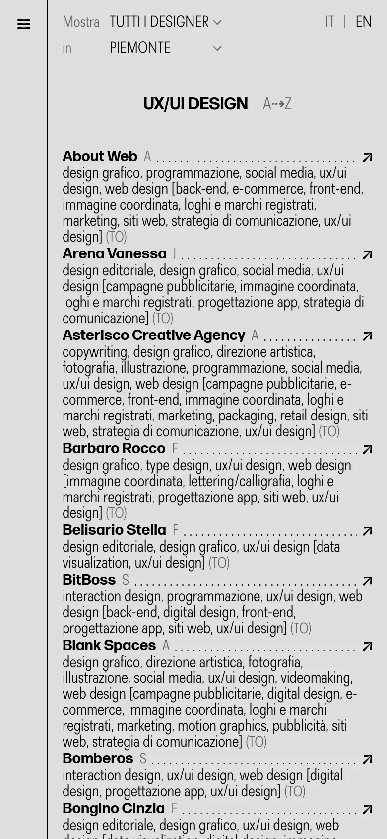 The mobile version presents a single-column vertical list of the UX/UI designer directory. The layout is simplified for small screens, showing the designer's name, a brief description of their services, and their location in parentheses. A hamburger menu icon is visible at the top left for navigation.