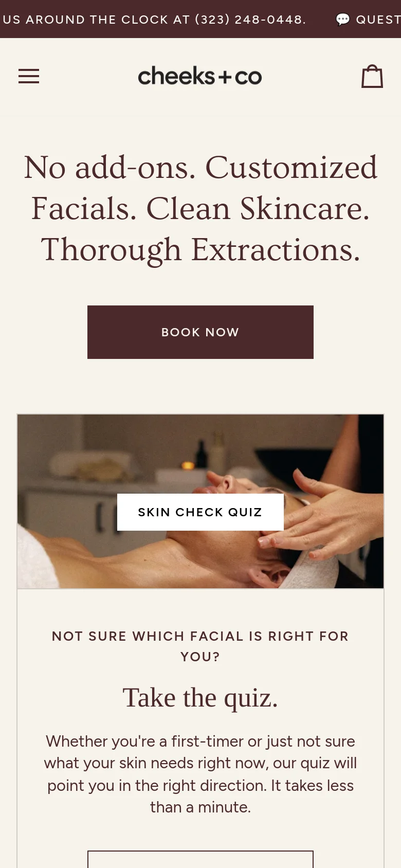The mobile version uses a single-column layout with a hamburger menu and shopping bag icon at the top. The hero headline and 'BOOK NOW' button are centered, followed by a full-width image of a facial treatment with a 'SKIN CHECK QUIZ' button overlaid, and the quiz description text positioned below the image.
