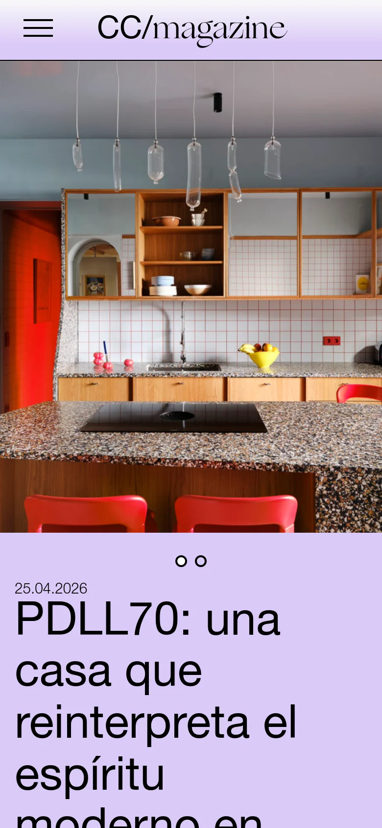 The mobile version presents a simplified layout with a hamburger menu icon on the left and the 'CC/magazine' logo centered in the header. The hero image of the modern kitchen occupies the full width of the screen, followed by a large, vertically stacked headline in bold black text against a lavender background.