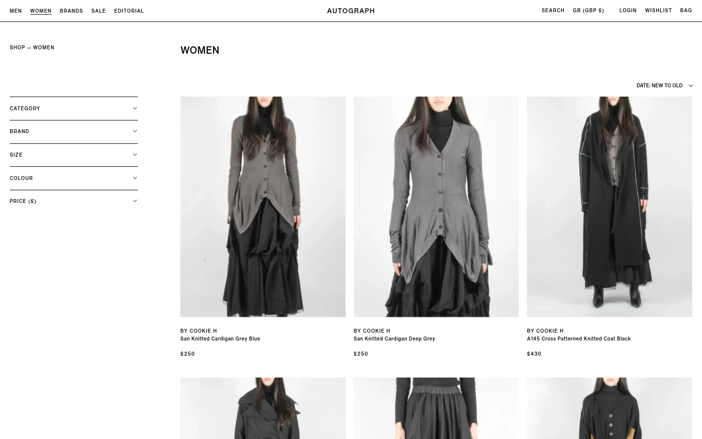 The desktop view of the Women's collection page features a clean, minimalist white layout with a left-hand sidebar for filtering by category, brand, size, colour, and price. The main content area displays a grid of high-fashion clothing items, such as grey knitted cardigans, with product names and prices listed below each image. The top navigation includes links for Men, Women, Brands, Sale, and Editorial, alongside search and login options.