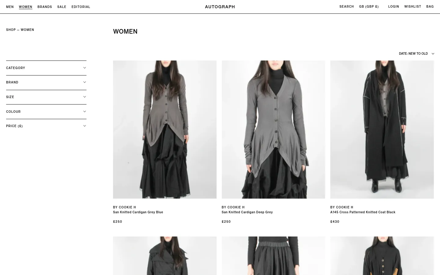 The desktop view of the Women's collection page features a clean, minimalist white layout with a left-hand sidebar for filtering by category, brand, size, colour, and price. The main content area displays a grid of high-fashion clothing items, such as grey knitted cardigans, with product names and prices listed below each image. The top navigation includes links for Men, Women, Brands, Sale, and Editorial, alongside search and login options.