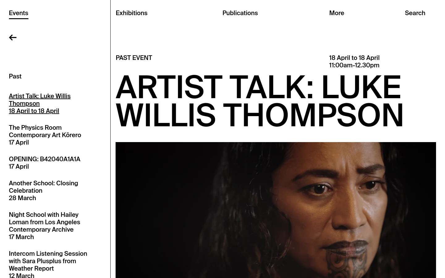 The desktop page features a minimalist white layout with a sidebar navigation on the left and a large main content area. The page displays a past event titled 'ARTIST TALK: LUKE WILLIS THOMPSON' in bold black typography, accompanied by a large close-up portrait of a person. The header includes navigation links for Exhibitions, Publications, More, and Search.
