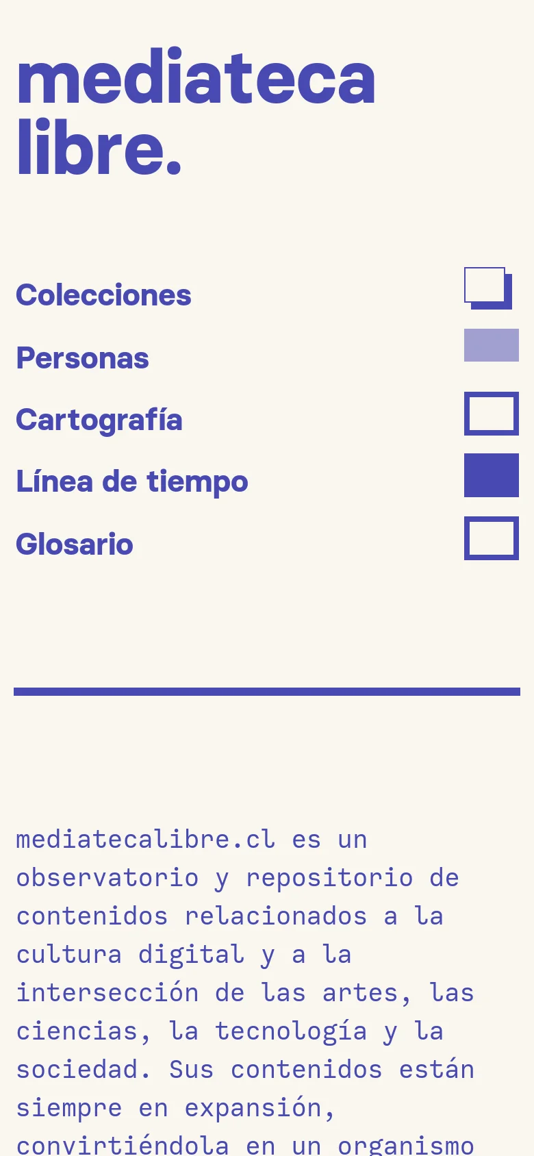 The mobile version uses a stacked layout on a light gray background. The 'mediateca libre.' logo is prominently displayed at the top in large blue text, followed by a vertical list of navigation links with large colorful rectangular icons. The descriptive text follows below the navigation menu in a single column.