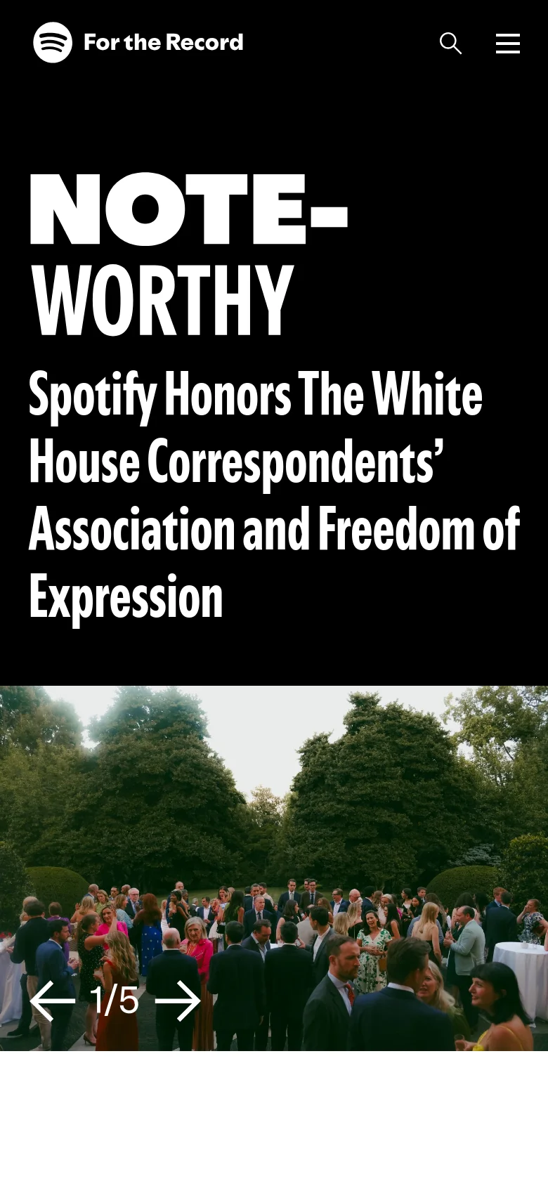 The mobile version presents a vertically stacked layout optimized for small screens. The hero section features large, bold white headlines at the top, followed by a full-width photograph of an outdoor gathering, with navigation arrows at the bottom of the image.