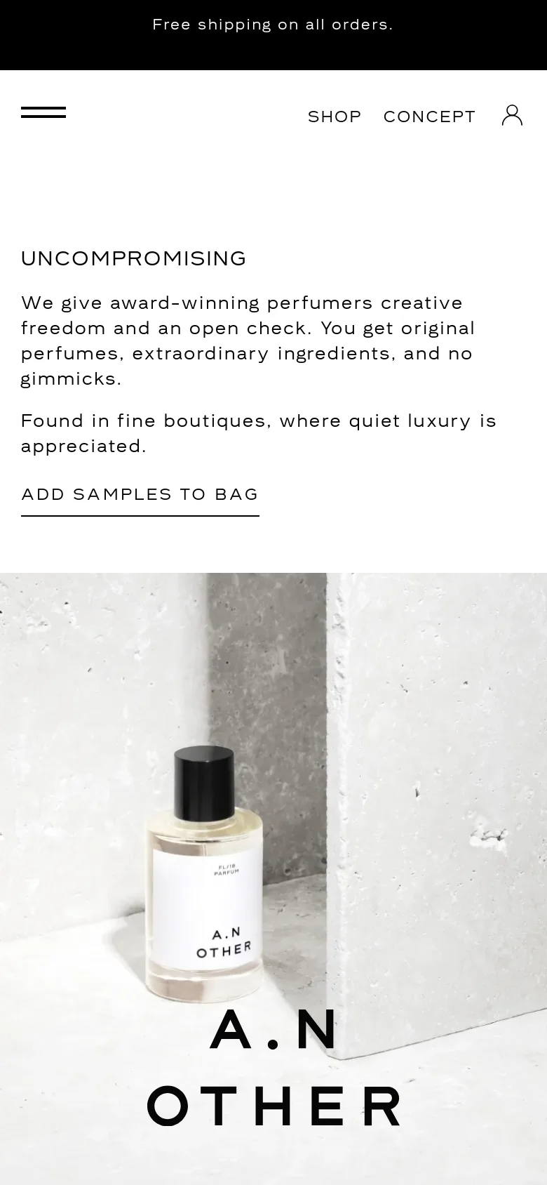 The mobile version uses a stacked vertical layout to accommodate the smaller screen. The brand philosophy and 'ADD SAMPLES TO BAG' link appear at the top in black text on a white background, followed by the perfume bottle hero image positioned below. The navigation menu is condensed into a hamburger icon at the top left.