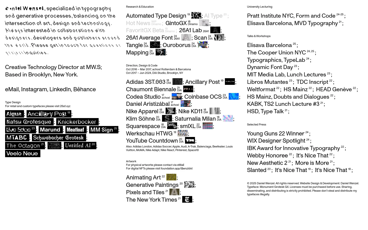 A minimalist, text-heavy portfolio website for Daniel Wenzel on a white background. The layout features a central column of text including a bio, professional roles, and contact links, followed by categorized lists of type design projects and research. The design uses high-contrast black typography with various weights and sizes to create hierarchy.
