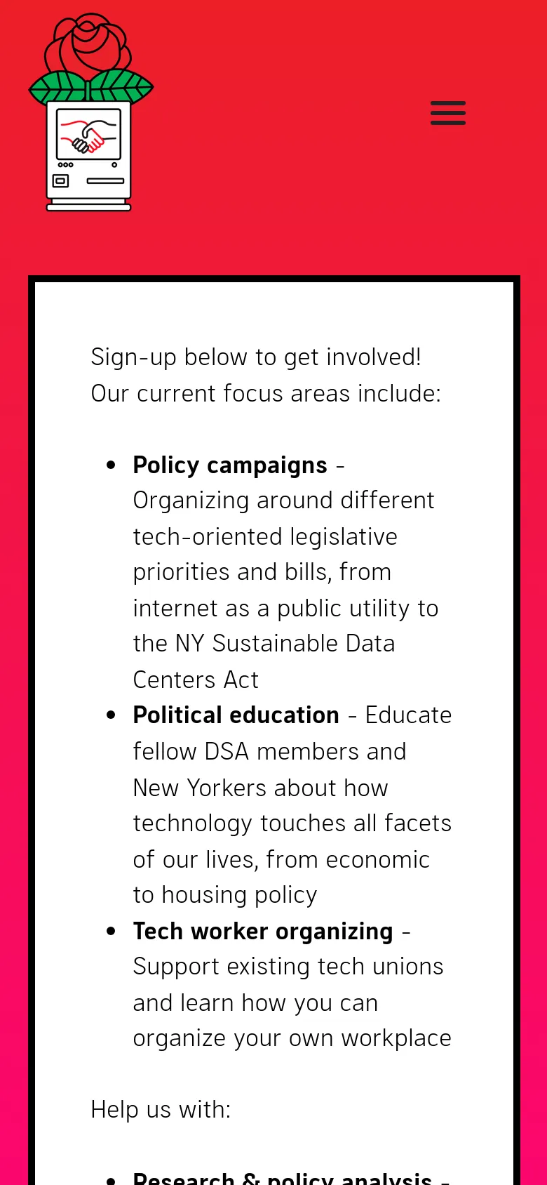 The mobile version simplifies the layout with a red gradient background and a centered white content area. The navigation menu is collapsed into a three-line hamburger icon next to the rose-smartphone logo, and the text content is stacked vertically for easier reading on a smaller screen.