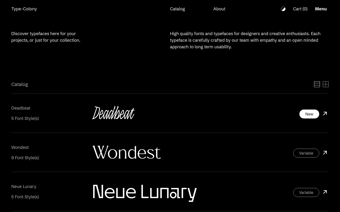 Type Colony Shop / Catalog desktop website screenshot
