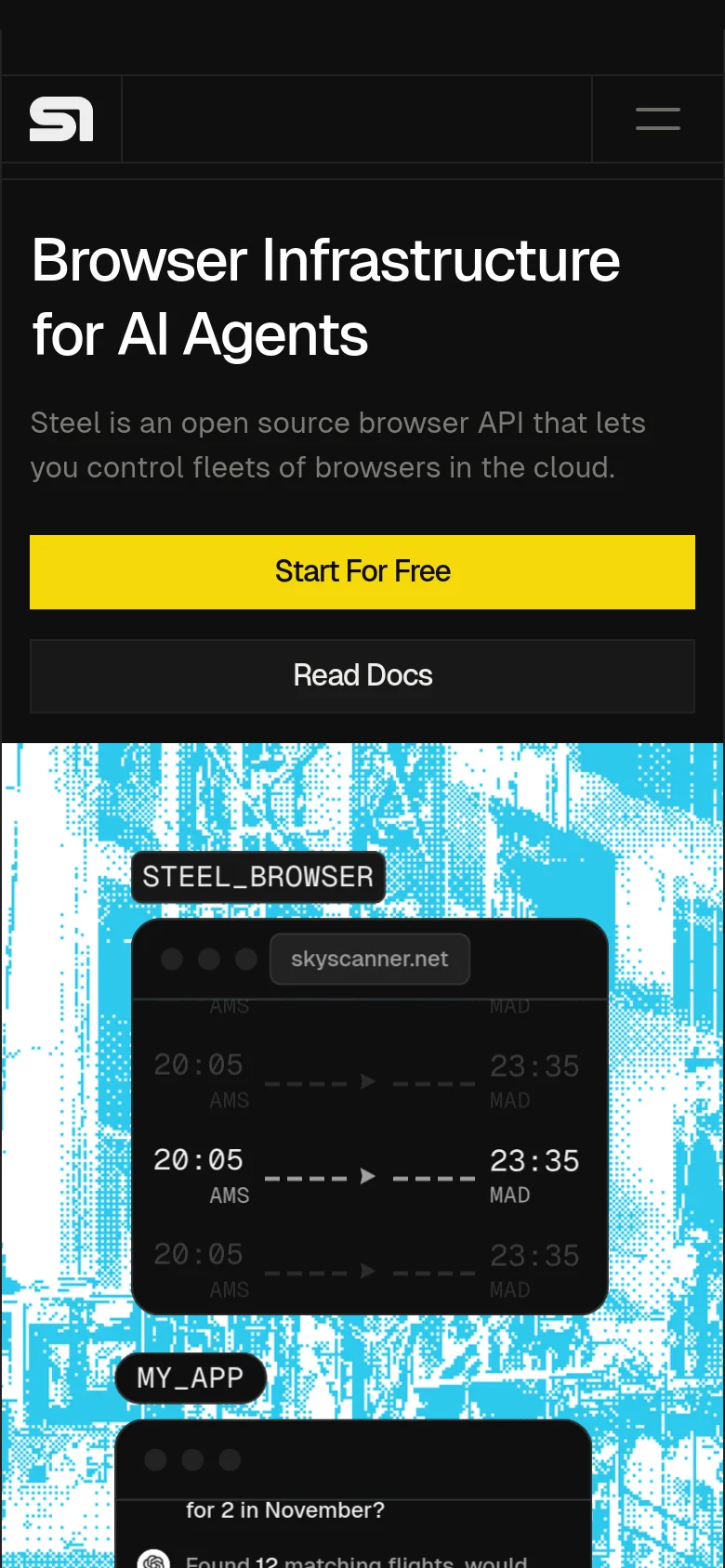 The mobile version uses a vertical layout with the headline and primary call-to-action buttons stacked centrally on a dark background. Below the buttons, the blue textured graphic is scaled down, showing the flight search and chat interface elements in a condensed view. The top navigation is replaced by a hamburger menu icon.