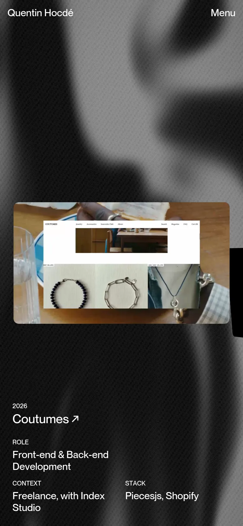Quentin Hocdé works page in a mobile view with a stacked layout. The project section features a large centered image of the Coutumes website, with text details for role and stack positioned below in a single column.