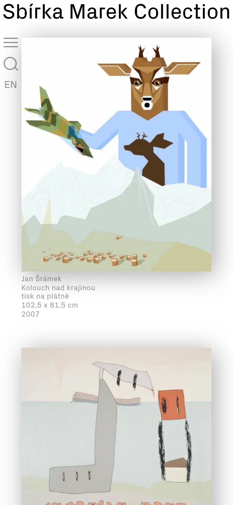 The mobile version uses a simplified header with a hamburger menu, a search icon, and an 'EN' language toggle. The layout shifts to a single-column vertical scroll, focusing on large, full-width images of artworks with text details positioned directly underneath each piece.