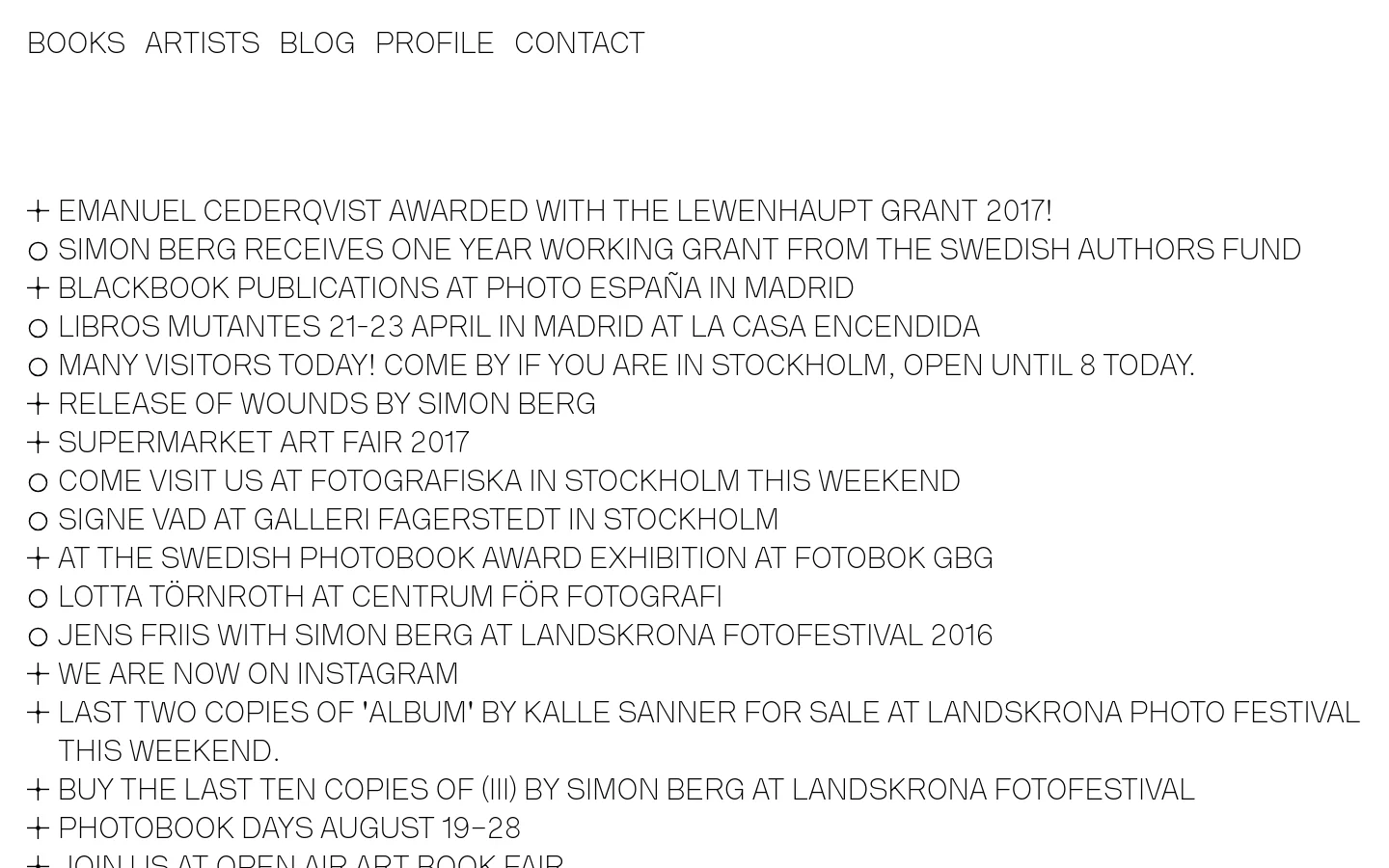 The desktop blog page features a minimalist white layout with a top navigation menu containing 'BOOKS', 'ARTISTS', 'BLOG', 'PROFILE', and 'CONTACT'. The main content is a vertical list of news headlines in uppercase black text, some preceded by plus or circle icons. The design is clean with significant white space and no hero imagery visible in this view.