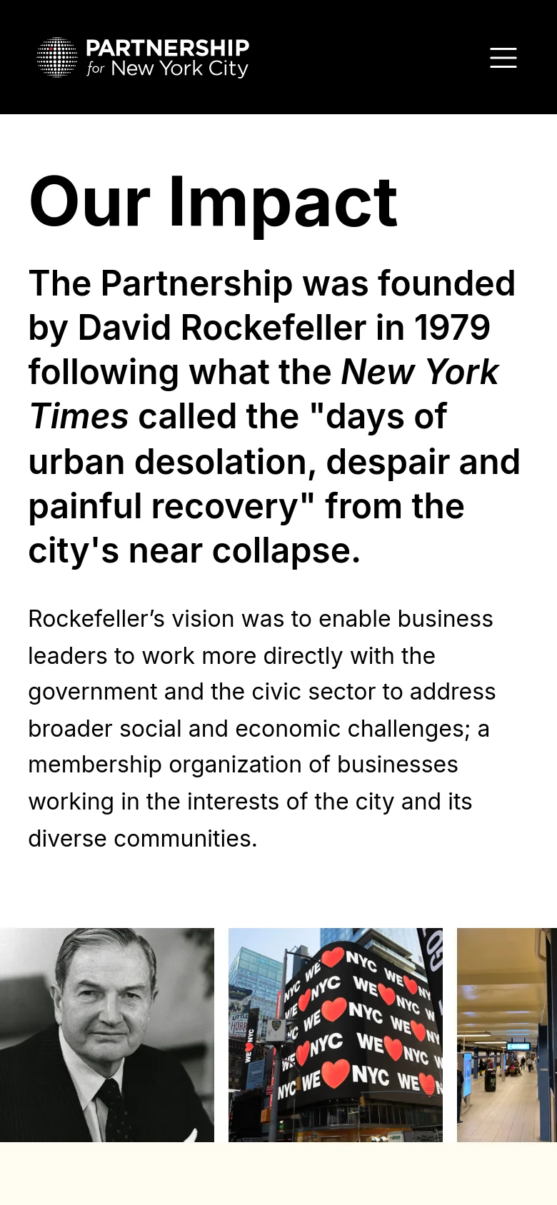 The mobile version presents a simplified vertical layout with the 'Our Impact' headline and historical text stacked centrally. The top navigation is condensed into a hamburger menu icon next to the logo on a dark background. The photographic grid below transitions into a single-column vertical scroll of large images.