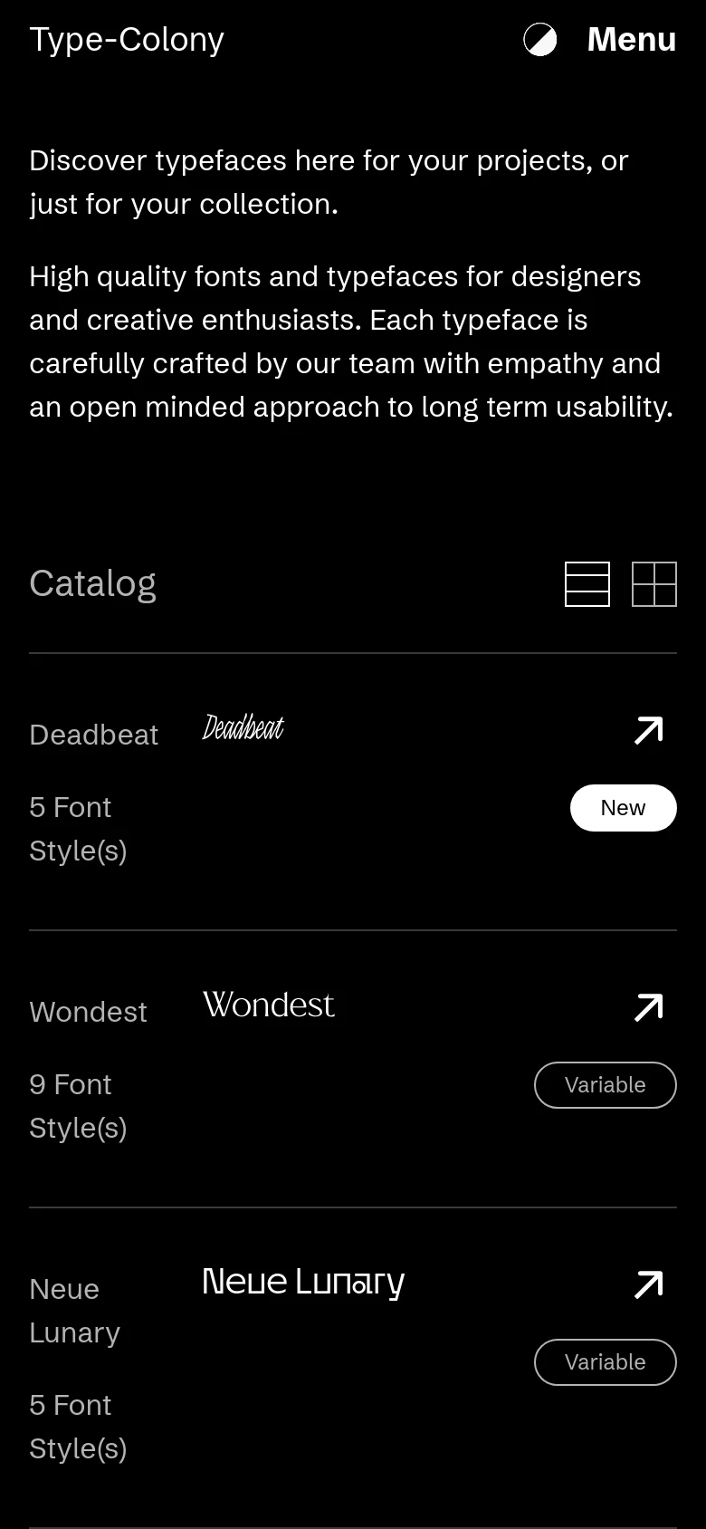 Type Colony Shop / Catalog mobile website screenshot
