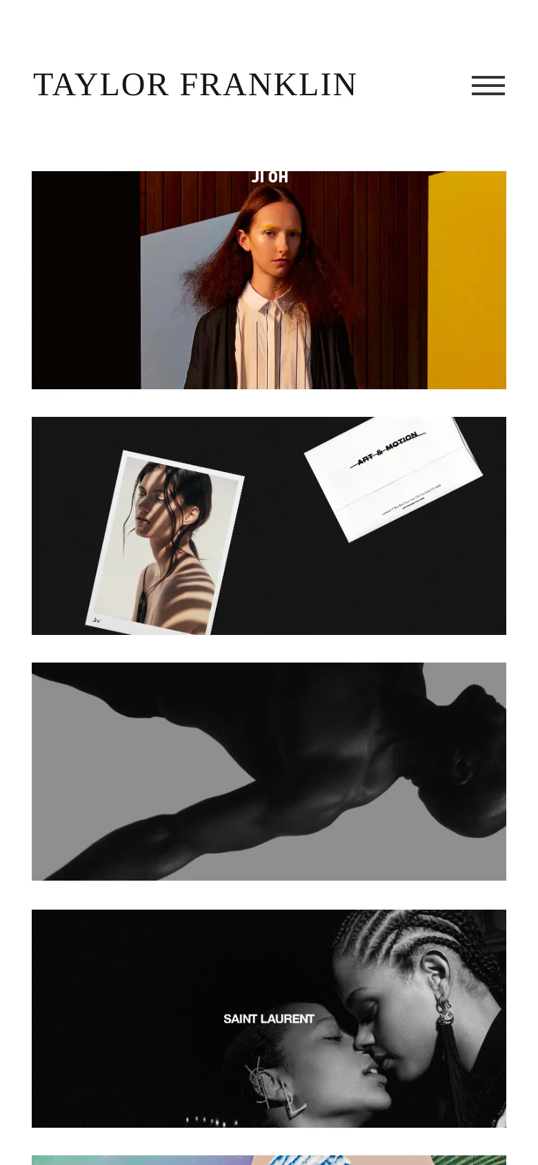 The mobile version maintains the minimalist aesthetic but simplifies the header, replacing the text navigation with a hamburger menu icon. The project layout shifts to a single-column vertical stack, displaying large, full-width images for each portfolio piece.