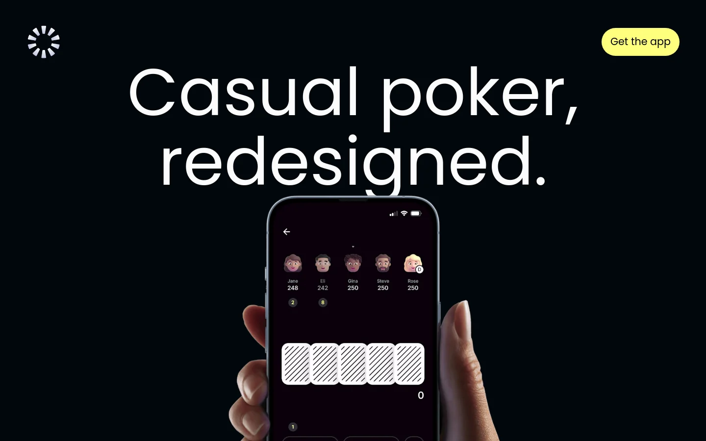 The desktop homepage features a dark theme with a large white headline reading 'Casual poker, redesigned.' A yellow 'Get the app' button sits in the top right, and a central image shows a hand holding a smartphone displaying a poker game interface. The layout is clean and minimalist with high contrast.