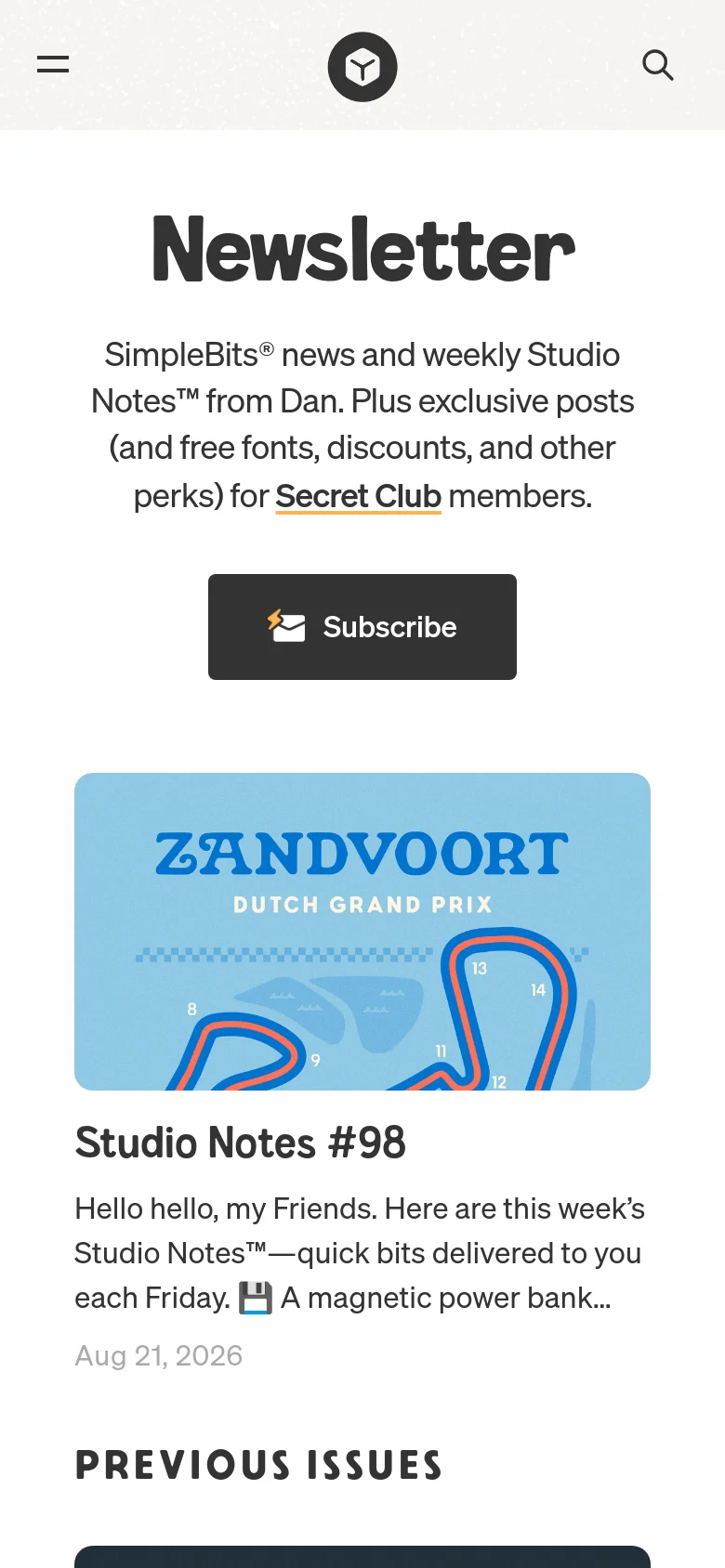 The mobile version presents a single-column layout optimized for vertical scrolling. The 'Newsletter' header, description, and 'Subscribe' button are stacked vertically at the top, followed by the featured article with its image positioned above the headline and text.