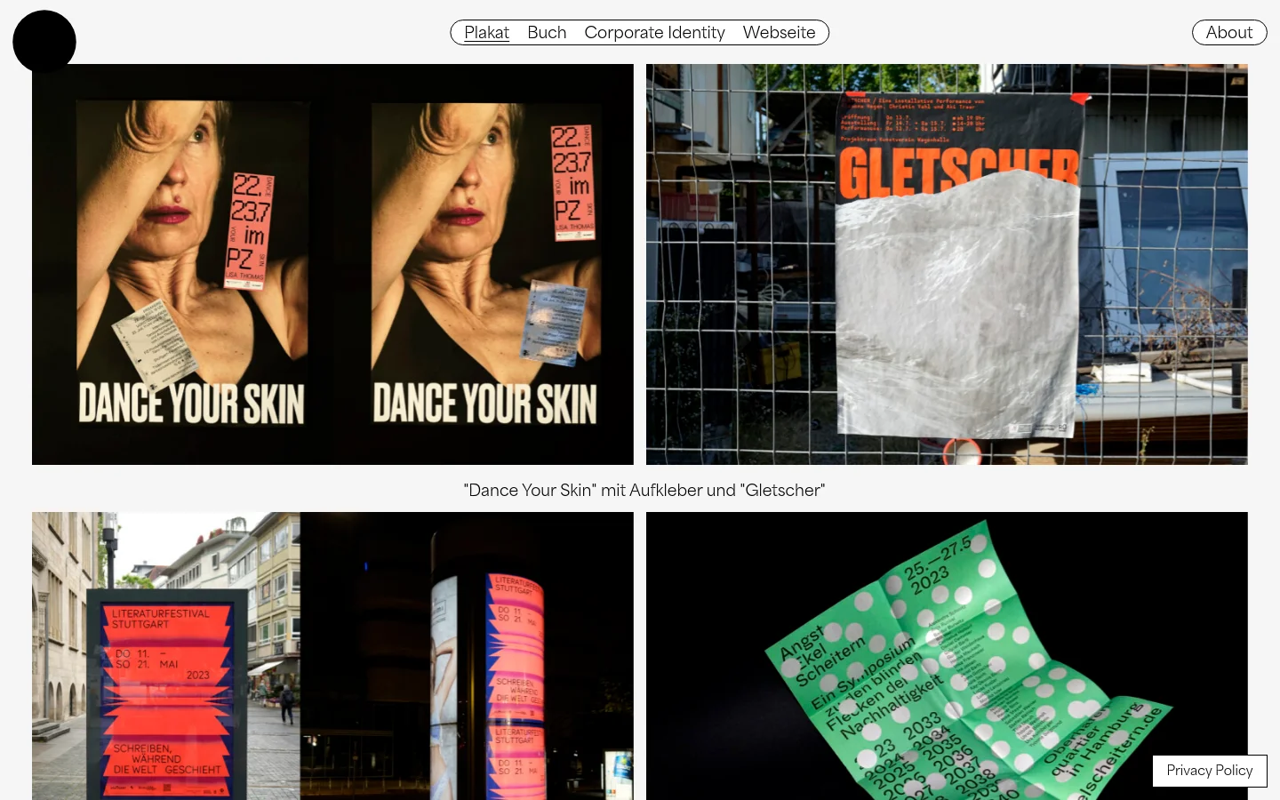 The desktop website for Levin Stadler features a minimalist white layout with a navigation menu at the top containing links for Plakat, Buch, Corporate Identity, Webseite, and About. A grid of large poster design projects is displayed, including 'Dance Your Skin' with stickers, 'Gletscher' attached to a fence, and a red 'Literaturfestival Stuttgart' poster. The design is clean with black text and high-contrast imagery.