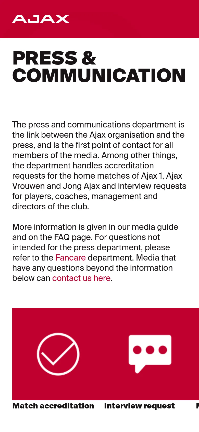The mobile version maintains the same content but uses a vertical layout. The large headline and text block are followed by large red tiles that are stacked or partially visible in a scrollable format, making the icons and text labels larger for touch interaction.