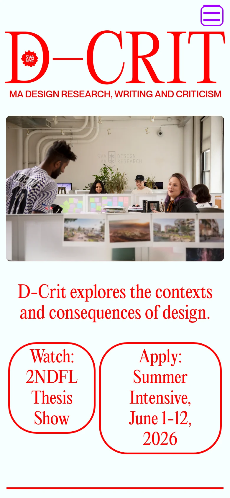 The mobile version maintains the large red 'D-CRIT' branding and subtitle but uses a hamburger menu icon in the top right corner. The hero image and the two large call-to-action buttons are stacked vertically to fit the narrow screen width, preserving the red and white color scheme.